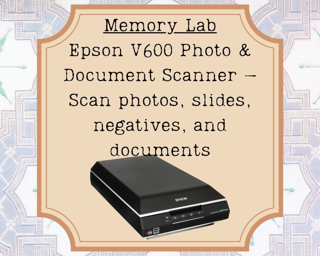 Epson V600 Photo and Document Scanner. Scans photos, slides, negatives, and documents.